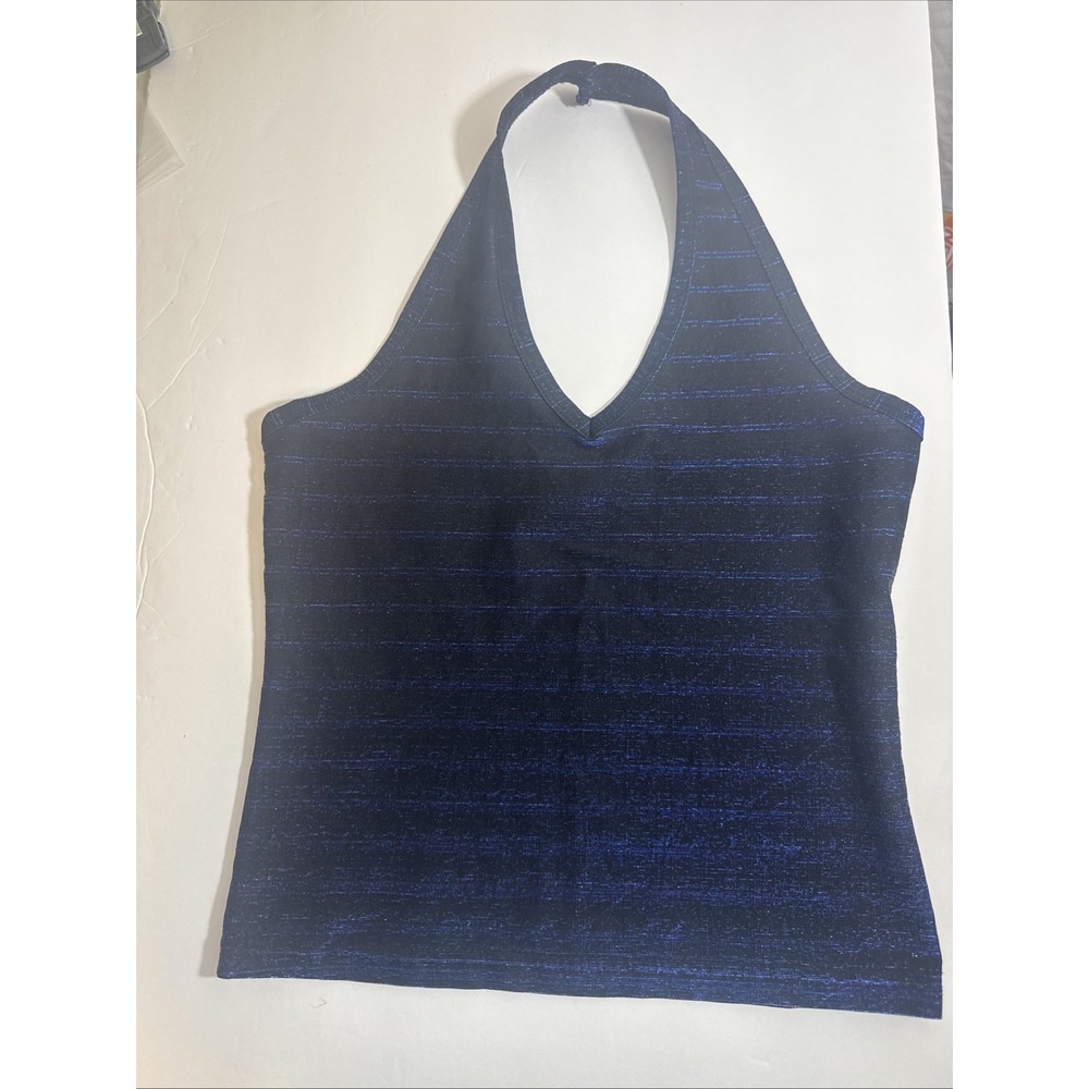 Vintage Y2K Halter Top Blue Sparkle Stripes‎ By City Sites Stretch Size Small